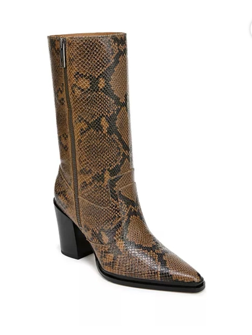 Franco Sarto Brown Snake-Print Mid-Calf Block Heel Boots